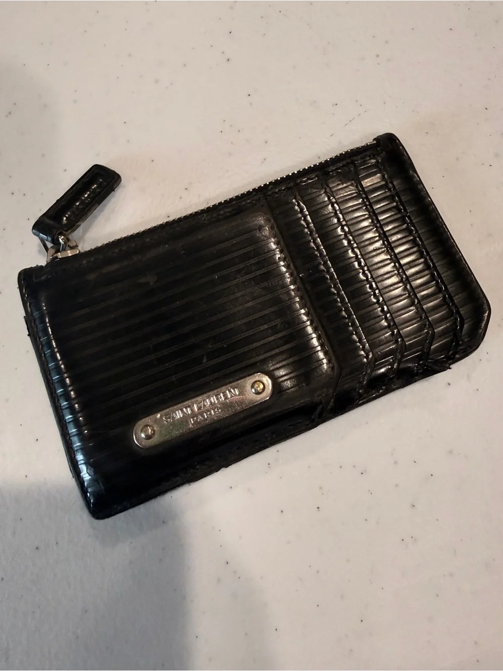 Saint Laurent Black Glossy Ridged Leather Card Case with Zip